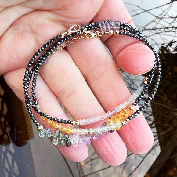 Handmade Natural Sapphire, Black Diamond Necklace Wrap Bracelet Solid 14k Gold - Picture 11 of 11